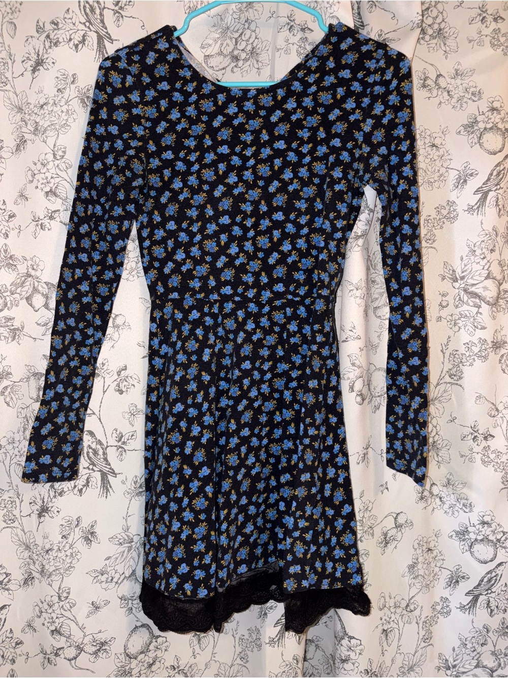 Forever 21 Black Long-Sleeve Dress with Blue Floral Print